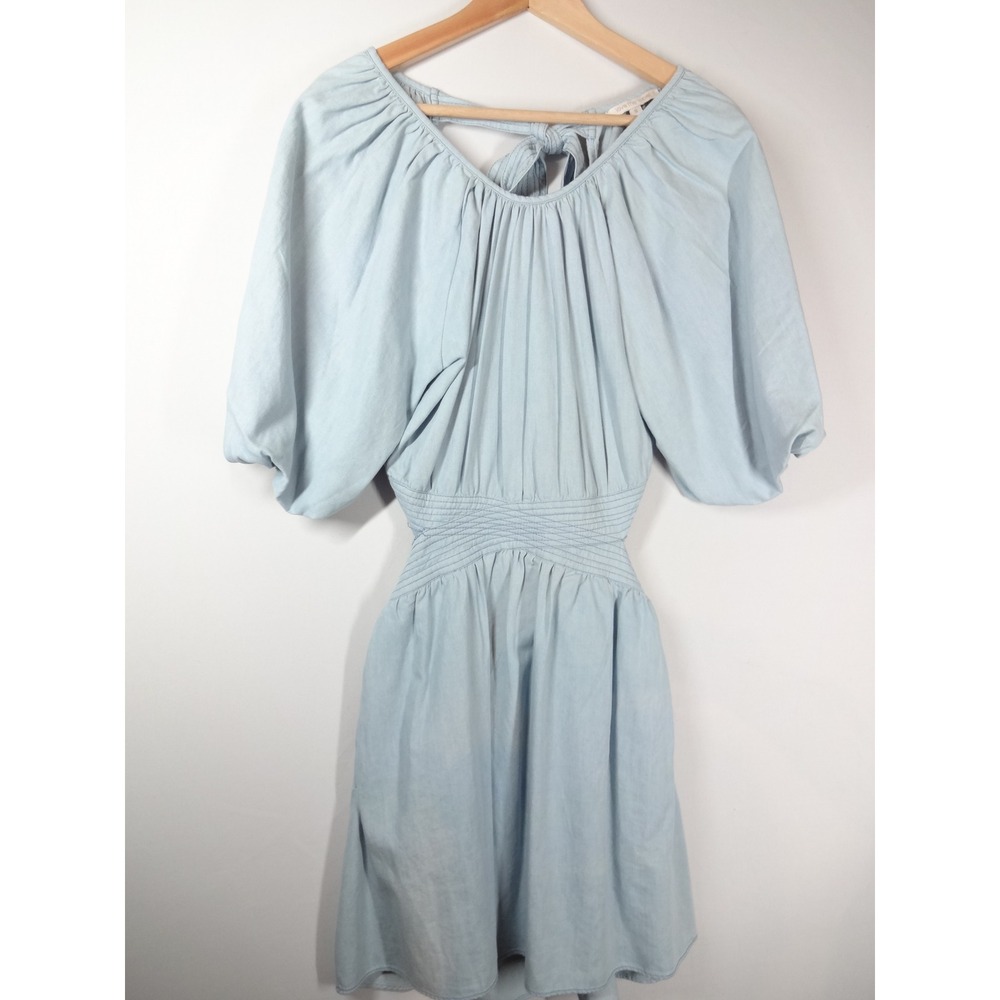 Love The Label Denim Dress Womens Small Light Blue Open Back Smocked Boho Mini